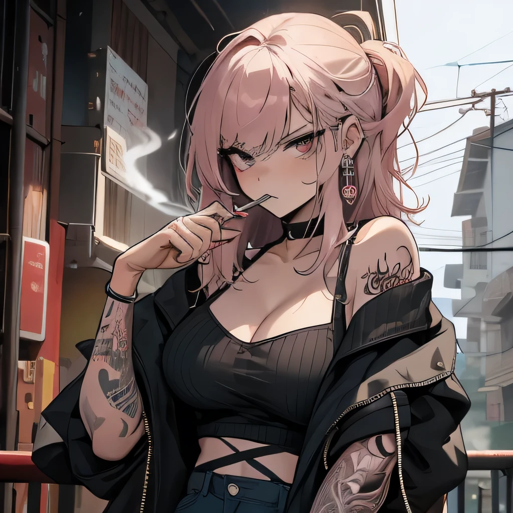 Anime girl with pink hair and piercings smoking a cigarette - SeaArt AI