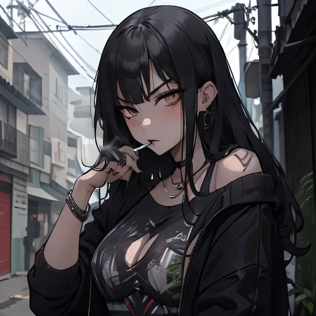 Anime girl smoking a cigarette in a street with buildings in the background  - SeaArt AI