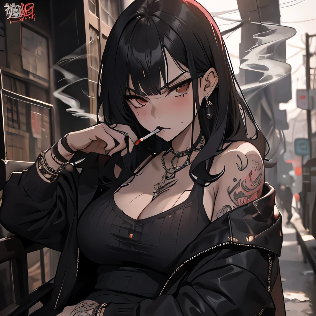 Anime girl smoking cigarette in the street with a black jacket - SeaArt AI