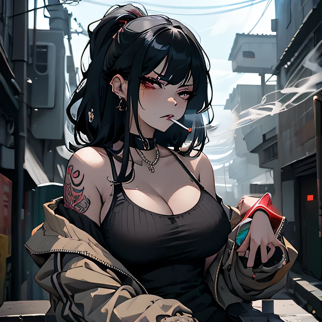 Anime girl with black hair smoking a cigarette in a city - SeaArt AI