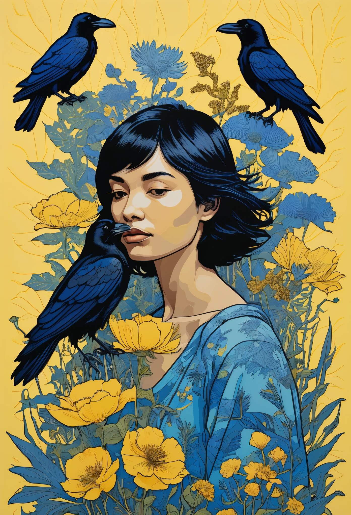 A blue woman with black hair and two ravens in the style of Jimilla against a yellow background, in a surreal collage art style with colorful woodcut prints featuring nature inspired imagery and lively coastal landscapes. The androgynous figure is surrounded by plants and flowers, with one raven sitting on her shoulder while another perches above head level. This scene conveys a sense of calmness or solitude, as if she has been living alone for many years.