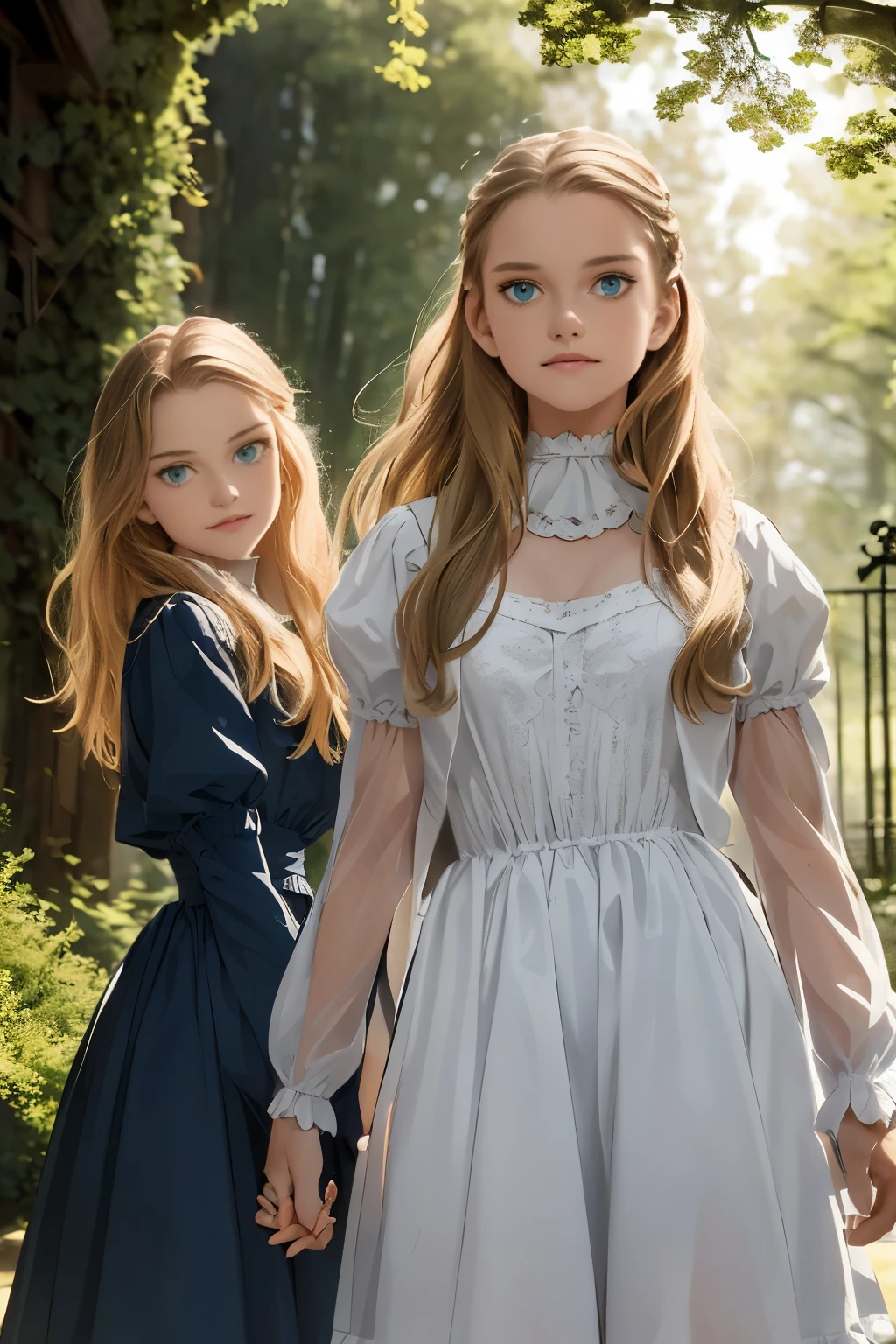 wide angle, detailed reproduction of a forest surrounded by fog up to a height of one meter. clear starry sky with a big full moon, bare trees, winter, two girls, (Virginia Otis, 15 years old (blond hair, blue eyes)) pose with (16 years old Georgie Gerald (blond hair, green eyes)). Victorian style. thin, cute face, walks at night in Canterville Castle (inspired by the novel The Canterville Ghost). aged 1887, Victorian fantasy