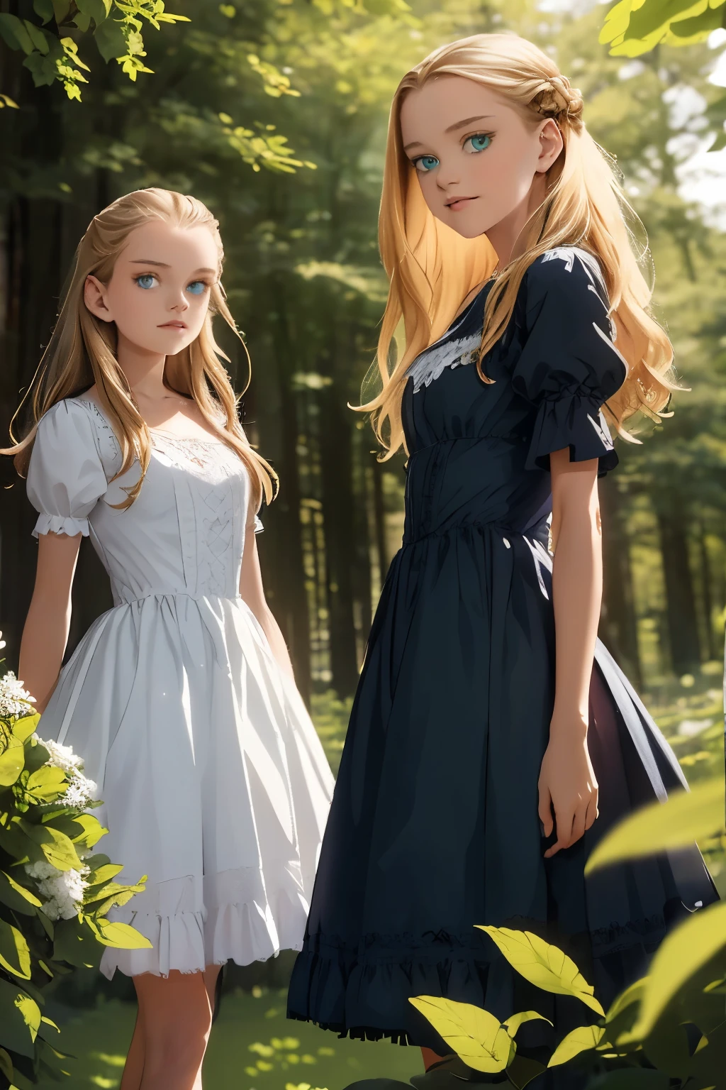 wide angle, detailed reproduction of a forest surrounded by fog up to a height of one meter. clear starry sky with a big full moon, bare trees, winter, two girls, (Virginia Otis, 15 years old (blond hair, blue eyes)) pose with (16 years old Georgie Gerald (blond hair, green eyes)). Victorian style. thin, cute face, walks at night in Canterville Castle (inspired by the novel The Canterville Ghost). aged 1887, Victorian fantasy