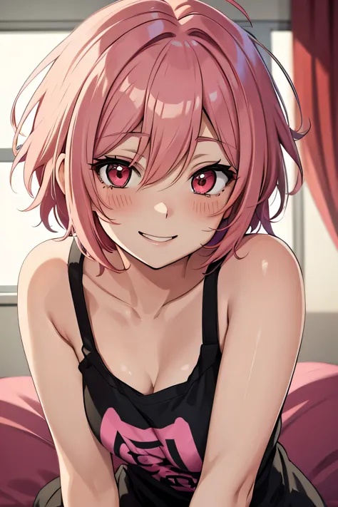 Anime girl smiling, pink hair, very messy hair short hair, red eyes, blushed, sensual look