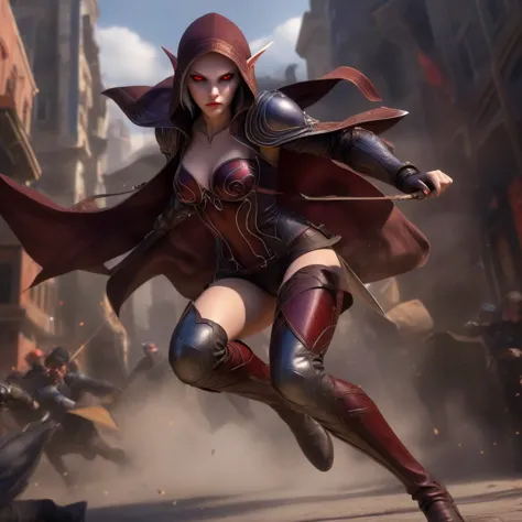 red eyes, sylvanas_windrunner, cinewow, (((Full body image))), 1girl, elf, will be depicted in the futuristic world of "Aeon Flu...