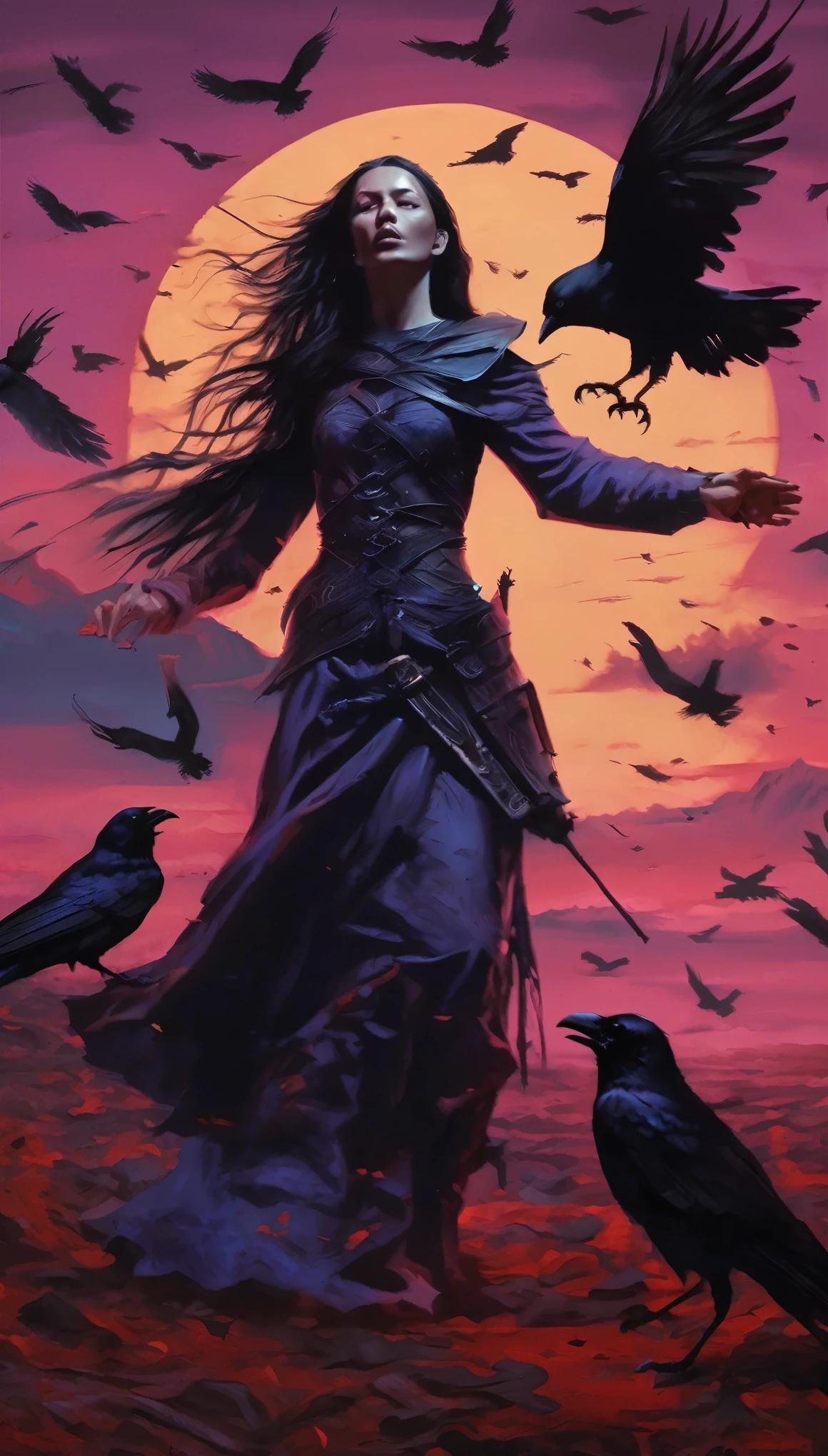 An abstraction of horror in a fantasy world where a woman warrior's body is ripped open by a crow, and the crow emerges from the woman warrior's gut. The horrifying scene is intensified by the woman's terrifying scream of agony.

Medium: Dark and surrealistic illustrations
Additional details: A moonlit sky with eerie shades of purple and blue, twisted trees with gnarled branches, a trail of blood tracing the path of the crow's escape, the warrior's torn armor scattered on the ground.
Image quality: (best quality, 4k, highres, masterpiece:1.2), ultra-detailed, (realistic, photorealistic, photo-realistic:1.37)
Art style: Horror, surrealism
Color palette: Dark and gloomy colors with stark contrasts
Lighting: Soft moonlight casting eerie shadows, with a faint glow surrounding the crow.