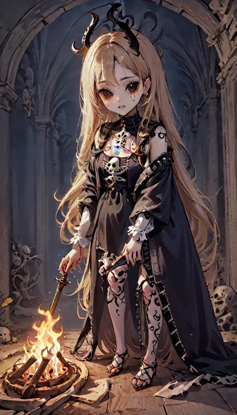 Chica sosteniendo un esqueleto y una calavera en sus manos.,  calavera retrato mujer, bruja mecanica, chica anime otome gothic, ...