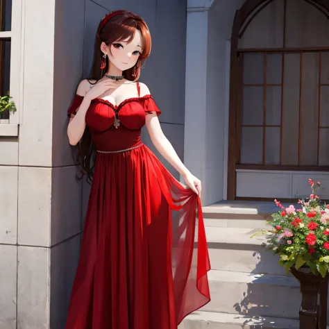 a woman  in red long sheer skirt, gr3ysh33r very sensual posing