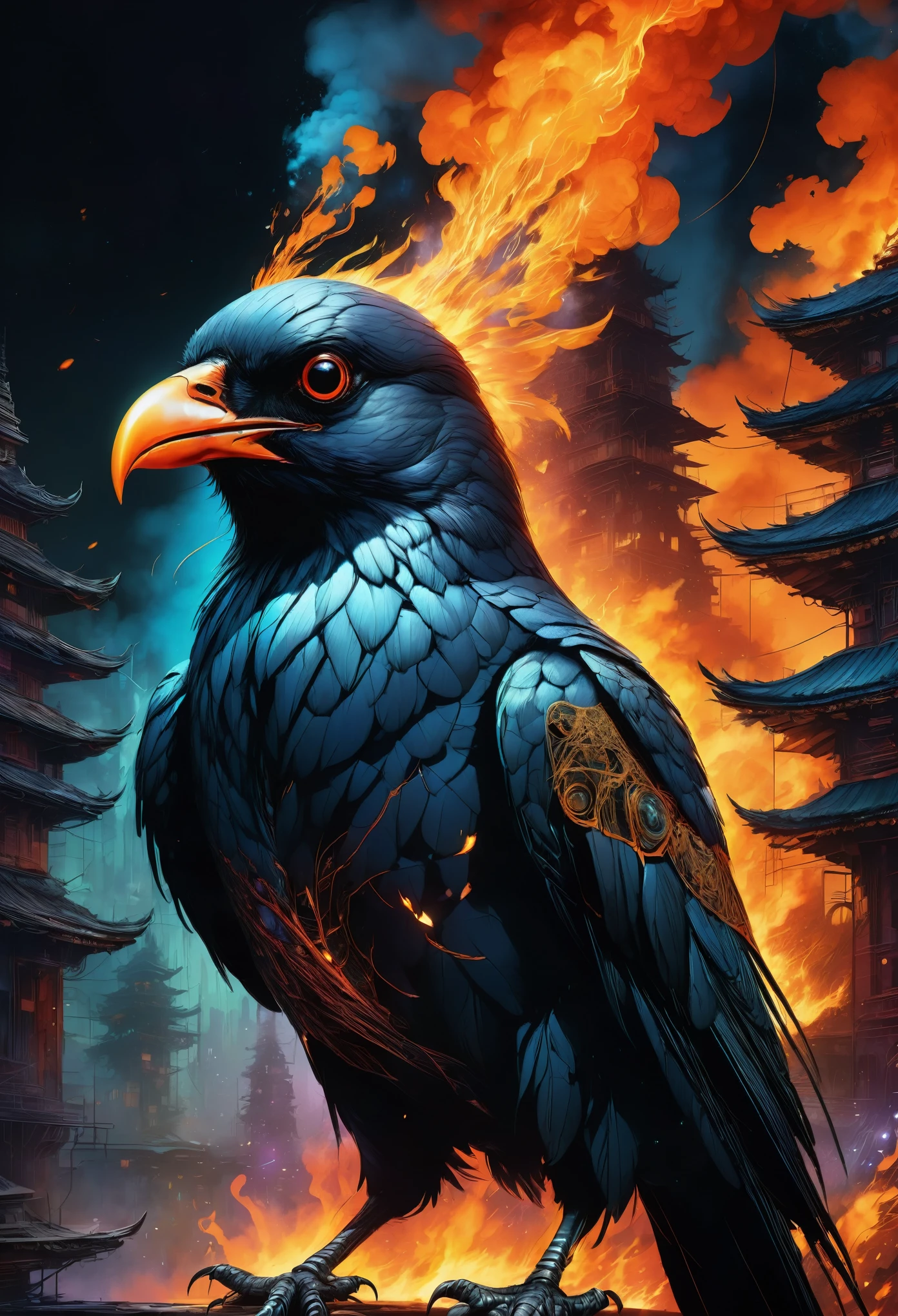 A masterful artistic digital rendering of a sinister glowing cybernetic crow made from sparks and fire by Simon Prades, russ mills, Shaun Ryken, celestial, UHD, 8k resolution, fantasy editorial art, color grading, intricate, hyperdetailed, beautiful composition, a modern surrealistic masterpiece by Dan Mumford