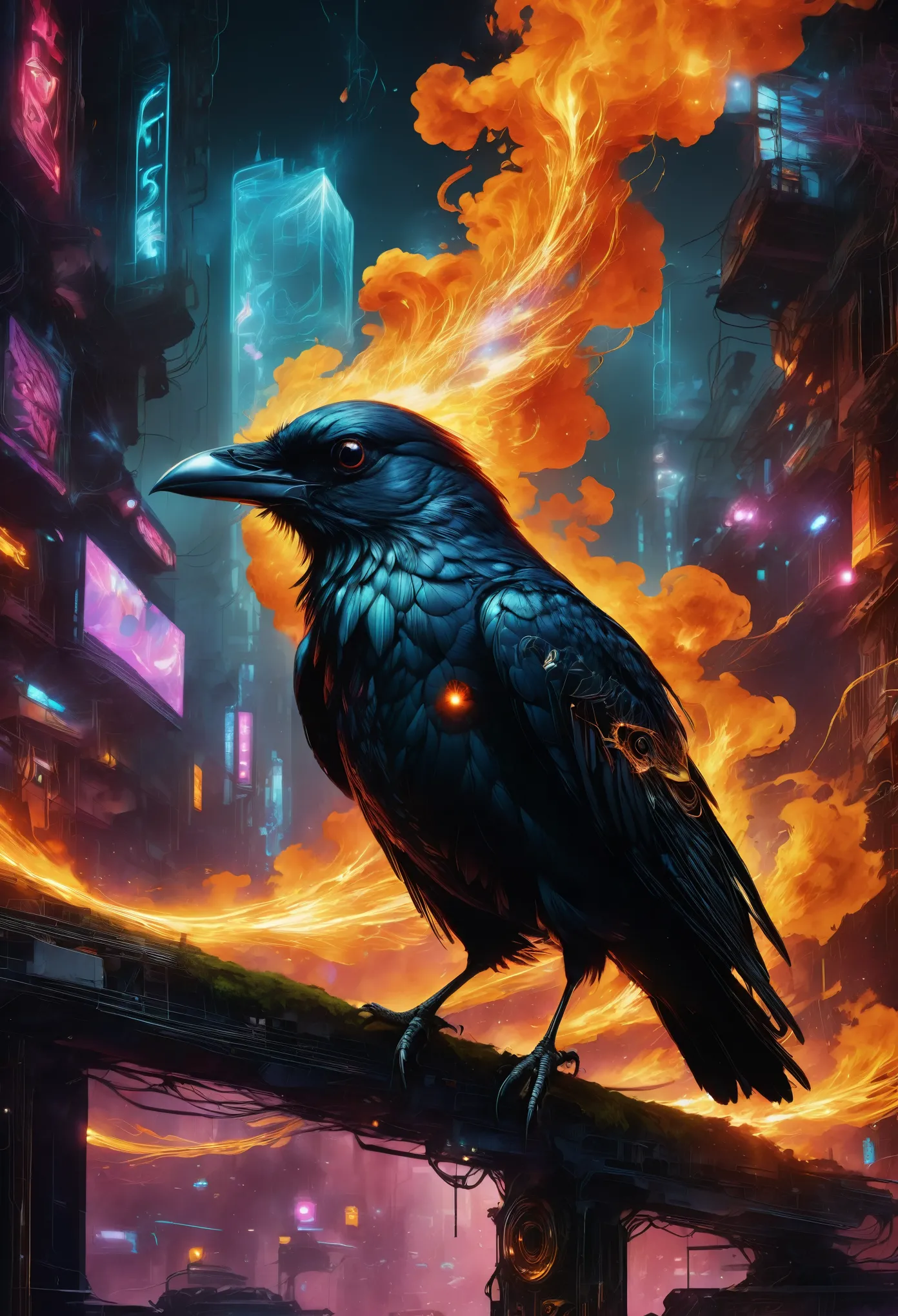 A masterful artistic digital rendering of a sinister glowing cybernetic crow made from sparks and fire by Simon Prades, russ mills, Shaun Ryken, celestial, UHD, 8k resolution, fantasy editorial art, color grading, intricate, hyperdetailed, beautiful composition, a modern surrealistic masterpiece by Dan Mumford