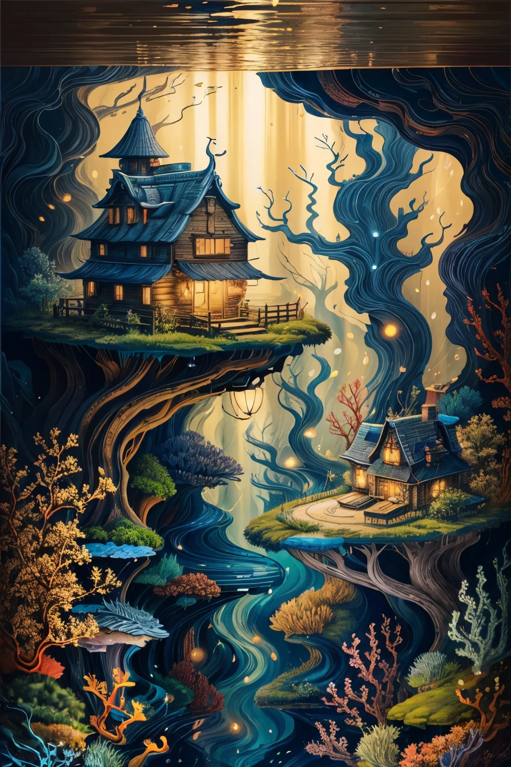 color (fantasy: 1.2), (Hayao Miyazaki style), (Irregular buildings floating in the sea), patchwork cottage, moss decoration, coral, light, Concept art inspired by Andreas Rocha, Art Station Contest Winner, fantasy art, (an underwater city), Ross Tran, lightシャフト, realistic lighting, masterpiece, high quality, beautiful graphics, high detail, masterpiece, high quality, beautiful graphics, high detail, 