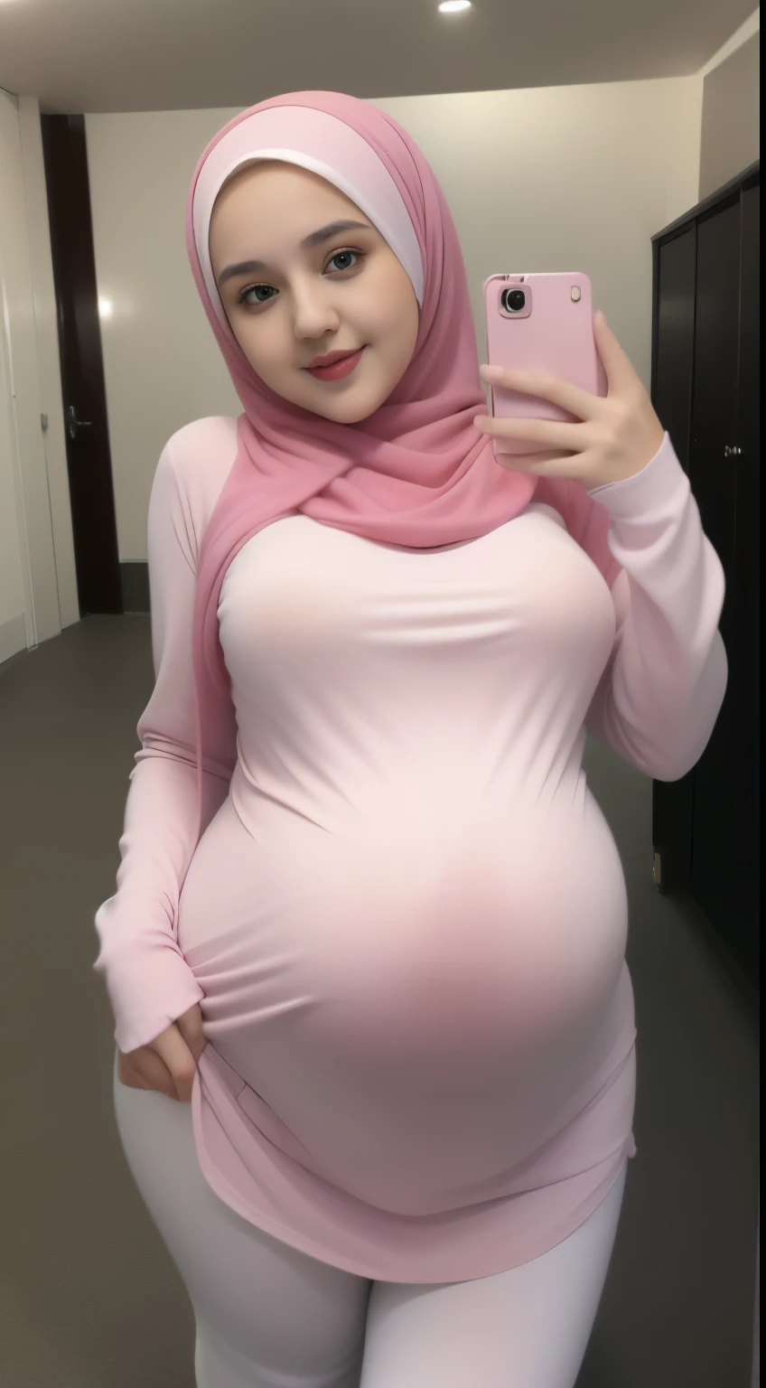 Pregnant woman taking a selfie in a pink hijab - SeaArt AI