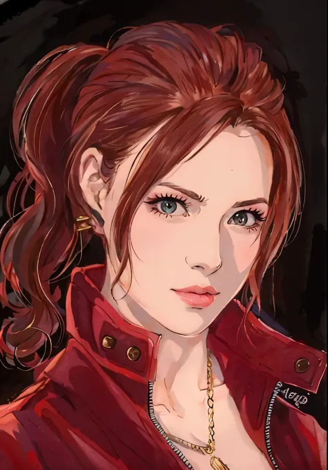 um close de uma mulher com uma jaqueta vermelha e colar, aerith gainsborough, retrato de arte de personagem, estilo de arte real...