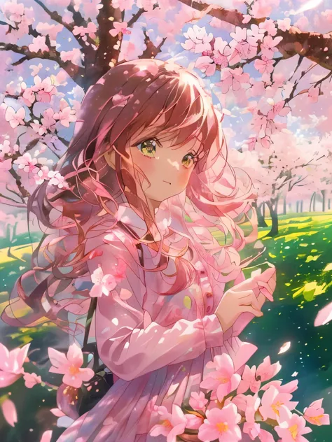 good morning, I hope you have a wonderful day today, The morning sunlight is dazzling, The cherry blossom trees are a mix of pin...