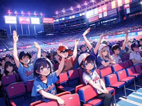 ((highest quality)), A packed audience waving blue glow sticks、baseball stadium、Night games、Relief car