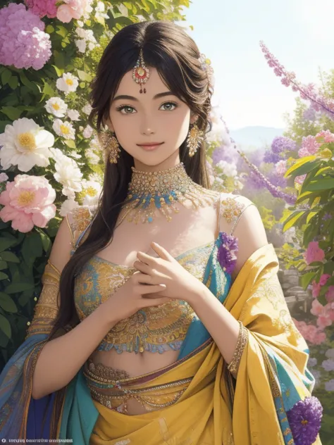 "masterpiece:1.2,High resolution,official artwork,beautiful:1.2,emphasize her upper body.Indian girl surrounded by flowers,very ...