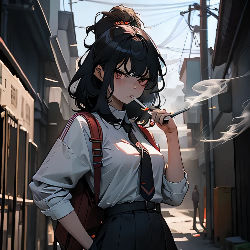 Bad student, mean girl, hot girl, uniform, glaring, angry, smoking, defiant, white shirt, tie, staring, bad, savage, rebel, student, slim, backpack, a lot of smoke, flat, black skirt, pretty face, beautiful