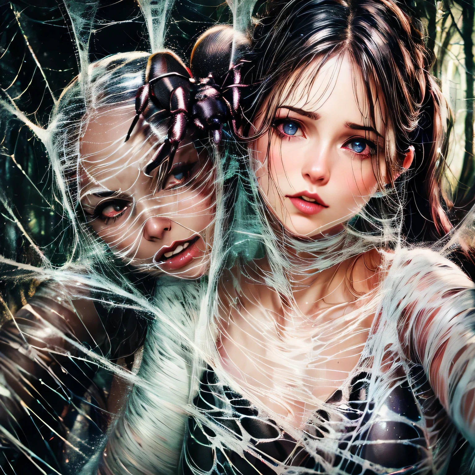 "(best quality,4k,8k,highres,masterpiece:1.2),ultra-detailed,(realistic,photorealistic,photo-realistic:1.37),portraits,A girl completely entangled in the spider's web,beautiful detailed eyes,beautiful detailed lips,extremely detailed eyes and face,long eyelashes,dark and gloomy atmosphere,ominous lighting,spider web covering the girl's body,fine spider silk threads,creepy and surreal environment,dark shadows,cocoon-like structures surrounding the girl,subtle hints of fear and vulnerability,contrast of delicate beauty and entangled chaos,detailed textures of the spider's web,subtle color tones,moody and mysterious ambiance"