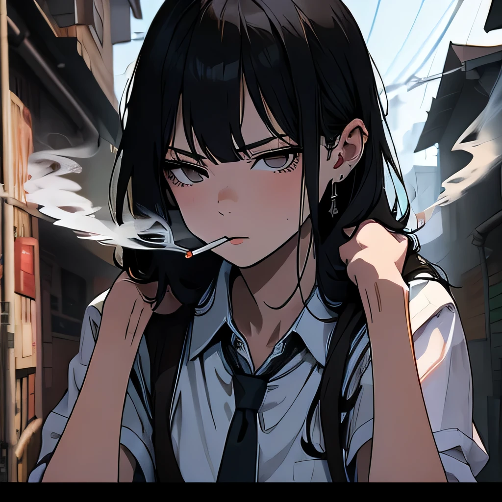 Student, uniform, smoking, white shirt, tie, rebel, slim, backpack, a lot of smoke, flat, black skirt, pretty face, beautiful, long hair, face focus, pretty face