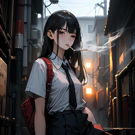 Student, uniform, smoking, white shirt, tie, rebel, slim, backpack, a lot of smoke, flat, black skirt, pretty face, beautiful, l...