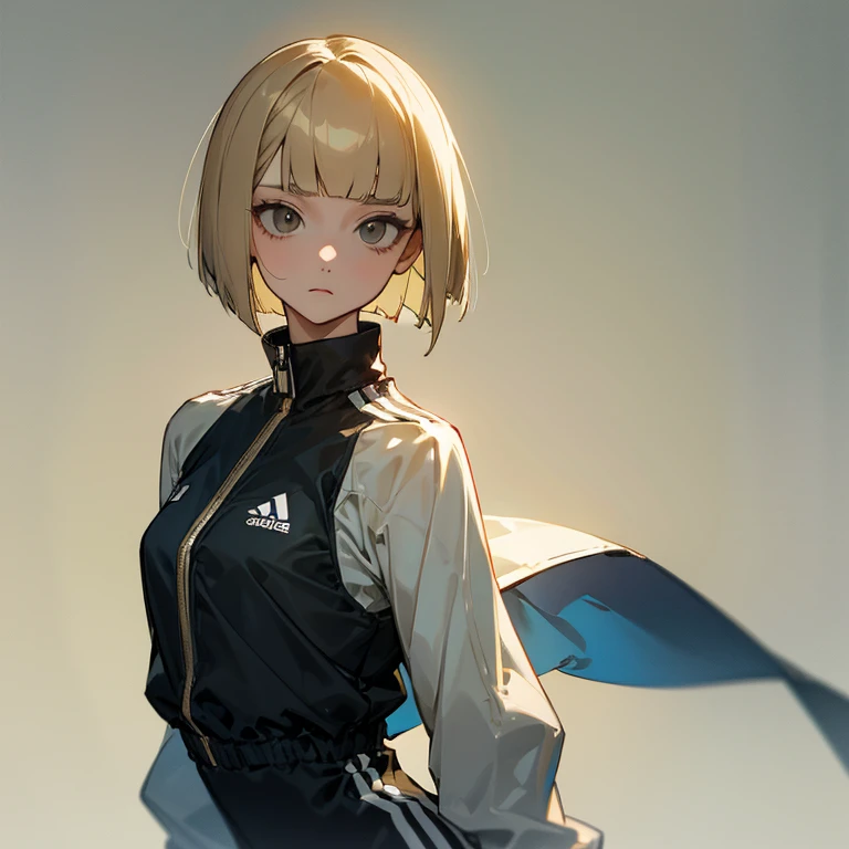 masterpiece、delicate details、tracksuit、Adidas Clothing、Athletics part、Slender beauty、Bangs Patsun、Cropped bob cut、The top of the head is black with a gradation of blonde hair.