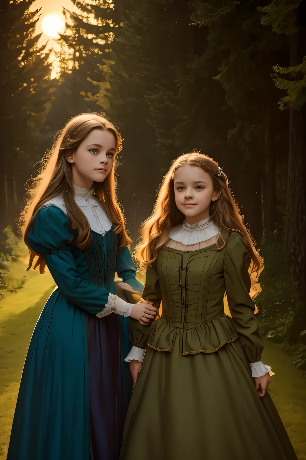 wide angle, detailed reproduction of a forest surrounded by fog up to a height of one meter. clear starry sky with a big full moon, bare trees, winter, two girls, (Virginia Otis, 15 years old (blond hair, blue eyes)) pose with (16 years old Georgie Gerald (blond hair, green eyes)). Victorian style. thin, cute face, walks at night in Canterville Castle (inspired by the novel The Canterville Ghost). aged 1887, Victorian fantasy
