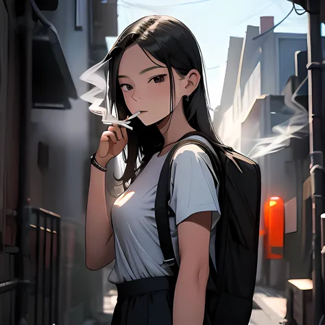 Student, uniform, smoking, white shirt, tie, rebel, slim, backpack, a lot of smoke, flat, black skirt, pretty face, beautiful, l...