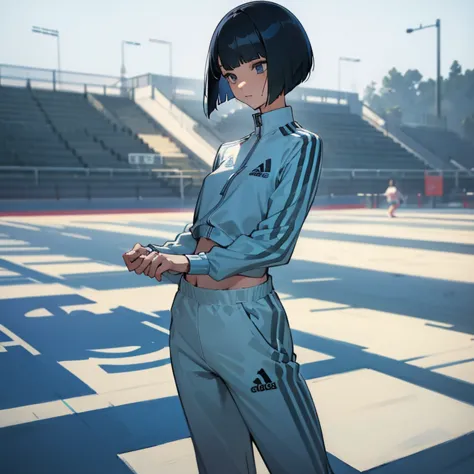 masterpiece、delicate details、tracksuit、Adidas Clothing、Athletics part、Slender beauty、Bangs Patsun、Cropped bob cut、athlete、sexy