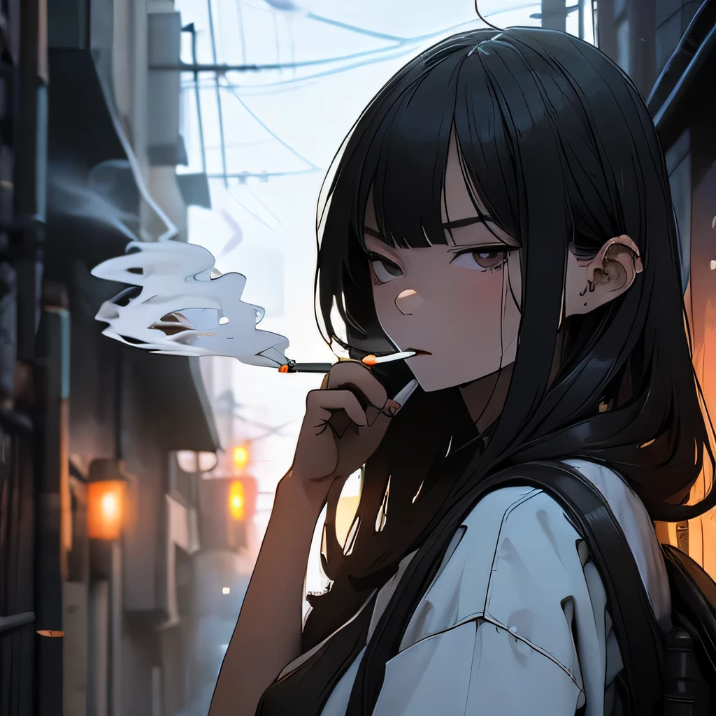 Student, uniform, smoking, white shirt, tie, rebel, slim, backpack, a lot of smoke, flat, black skirt, pretty face, beautiful, long hair, face focus, half closed eyes, relaxed, pale, asian eyes, straight hair