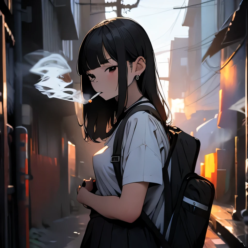 Student, uniform, smoking, white shirt, tie, rebel, slim, backpack, a lot of smoke, flat, black skirt, pretty face, beautiful, long hair, face focus, half closed eyes, relaxed, pale, asian eyes, straight hair