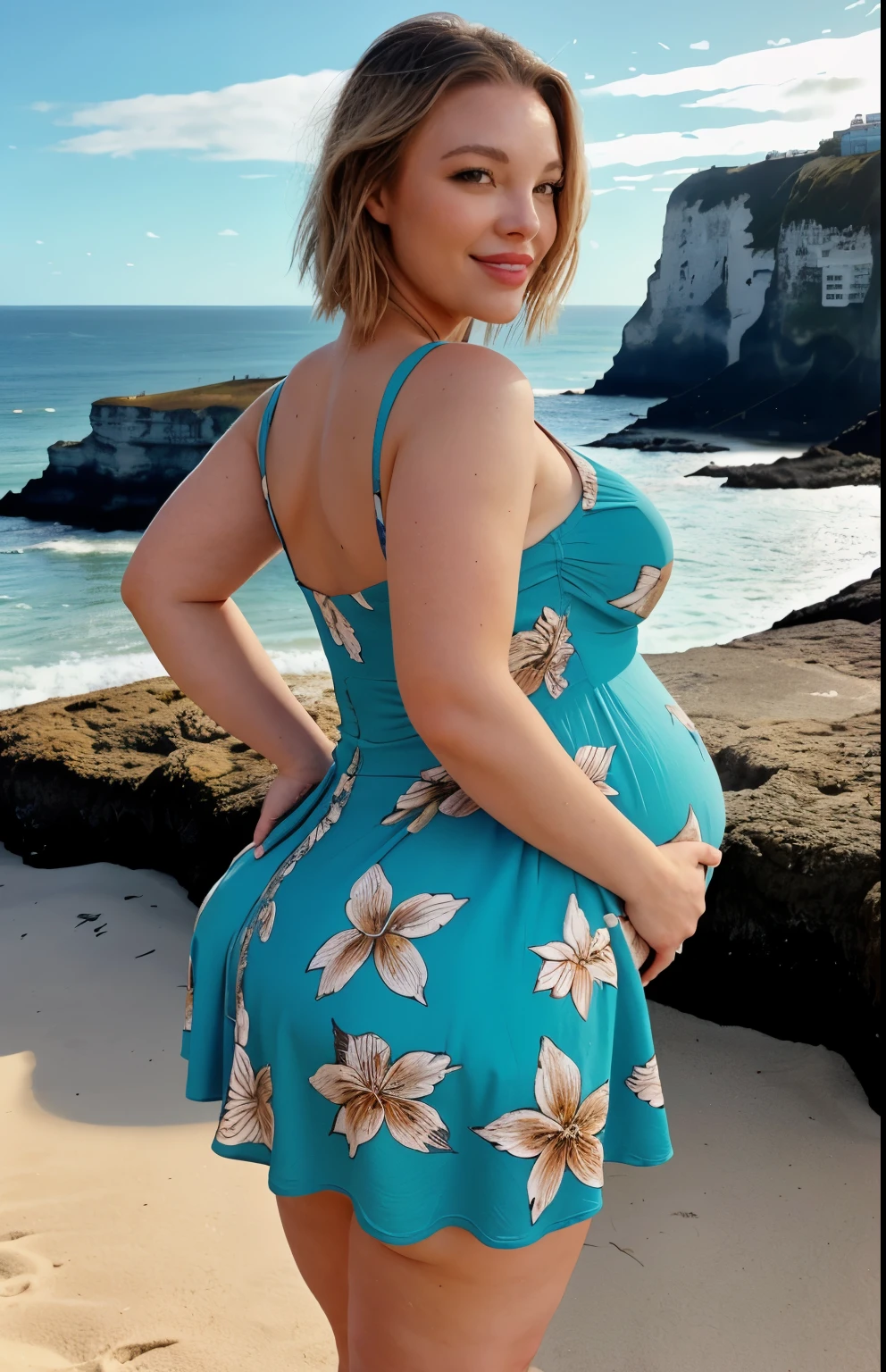 A pregnant woman in a blue dress standing on a beach - SeaArt AI