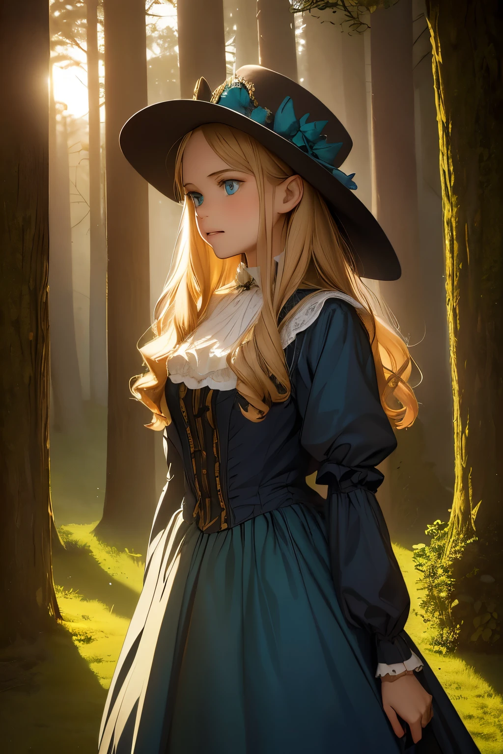 wide angle, detailed reproduction of a forest surrounded by fog up to a height of one meter. clear starry sky with a big full moon, bare trees, winter, two girls, (Virginia Otis, 15 years old (blond hair, blue eyes)) pose with (16 years old Georgie Gerald (blond hair, green eyes)). Victorian style. thin, cute face, walks at night in Canterville Castle (inspired by the novel The Canterville Ghost). aged 1887, Victorian fantasy
