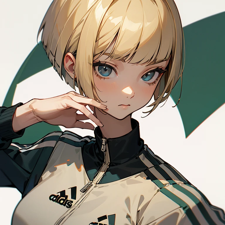 masterpiece、delicate details、tracksuit、Adidas Clothing、Athletics part、Slender beauty、Bangs Patsun、Cropped bob cut、The top of the head is black with a gradation of blonde hair.