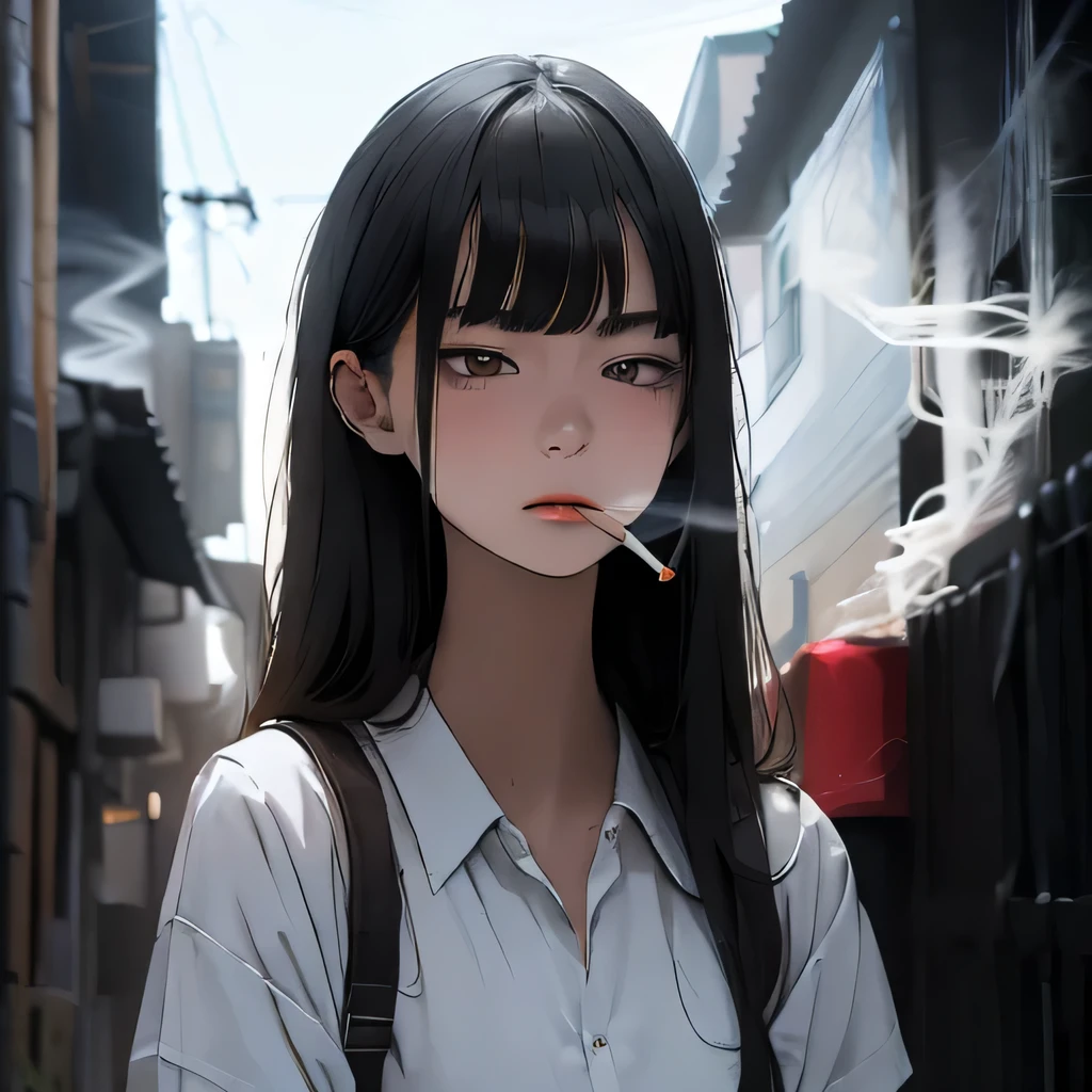 Student, uniform, smoking, white shirt, tie, rebel, slim, backpack, a lot of smoke, flat, black skirt, pretty face, beautiful, long hair, face focus, half closed eyes, relaxed, pale, asian eyes, straight hair, asian