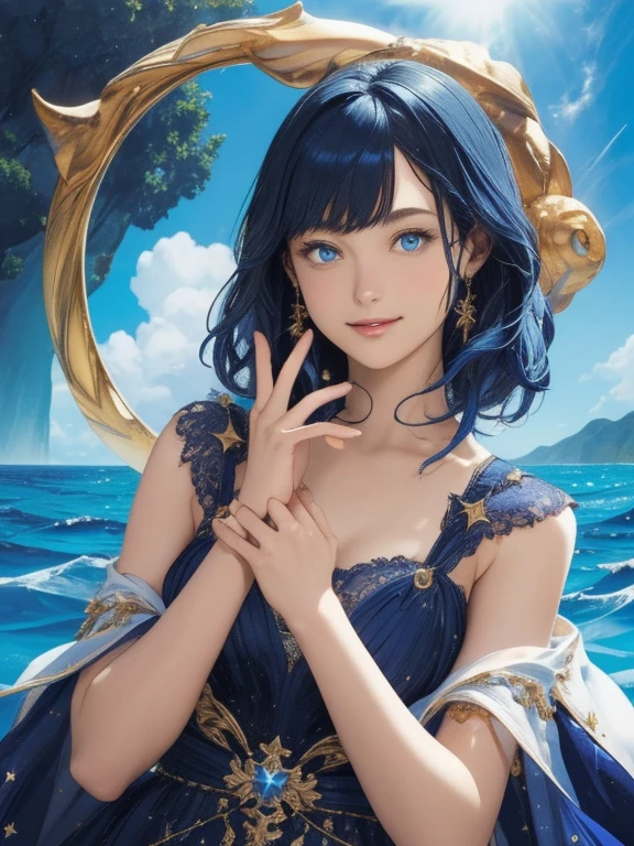 ( absurd , high quality , Super detailed, handle carefully with hands )Zodiac - Sagittarius Goddess , Similar to Latin goodness . Optimistic, Be Fair-minded, funny and intelligent face . recklessness, Ruthless, impatient, overconfident style . dark blue eyes (eye details) , Curly deep blue hair , transparent dress , In the sea with stars , whole body , Nature of fire , Chiron God