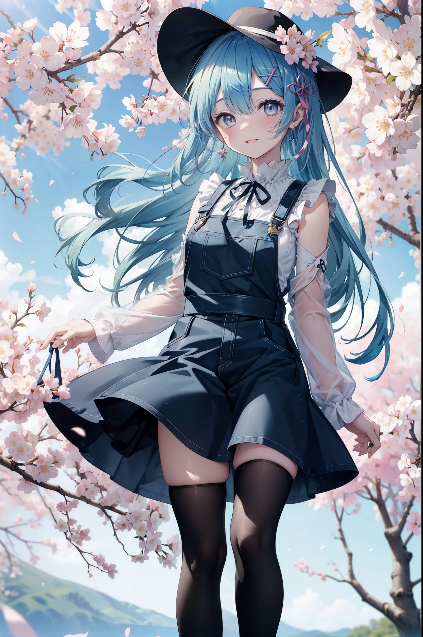 rezeroRem, Rem, blue eyes, blue hair, hair ornaments, hair above one eye, hair ribbon, long hair, x hair ornaments,happy smile, smile, open your mouth,skirt,Hunting Hat,Pink tank top shirt,denim overalls,black tights,Mini Boots,cherry blossoms,cherry blossoms並木道,cherry blossomsが咲いている,cherry blossomsが散っている,
break outdoors, garden,
break looking at viewer, 
break (masterpiece:1.2), highest quality, High resolution, unity 8k wallpaper, (figure:0.8), (detailed and beautiful eyes:1.6), extRemely detailed face, perfect lighting, extRemely detailed CG, (perfect hands, perfect anatomy),