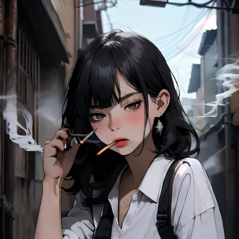 student, uniform, smoking, white shirt, tie, rebel, slim, backpack, a lot of smoke, flat, black skirt, pretty face, beautiful, l...