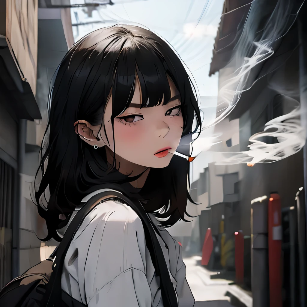 Student, uniform, smoking, white shirt, tie, rebel, slim, backpack, a lot of smoke, flat, black skirt, pretty face, beautiful, long hair, face focus, half closed eyes, relaxed, pale, asian eyes, straight hair, asian, puffy lips, lipgloss, pouty lips