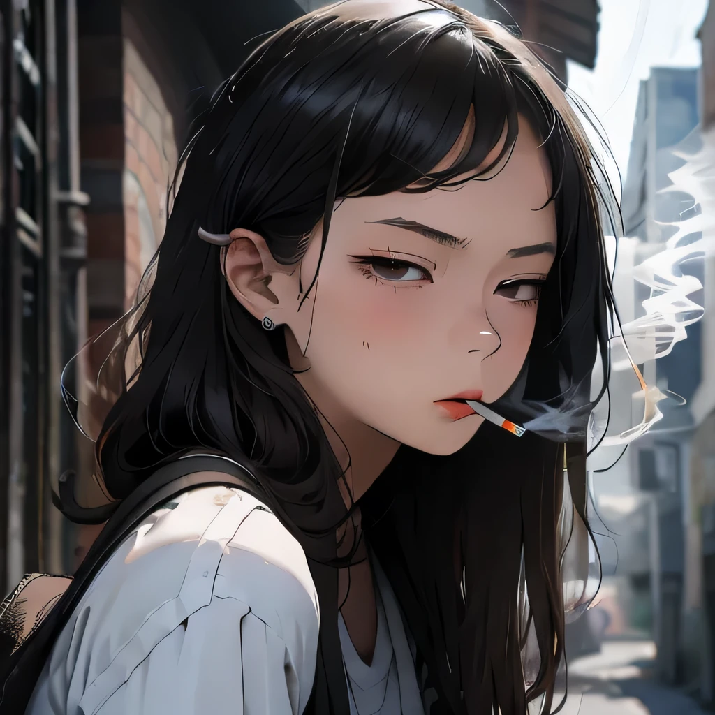 Student, uniform, smoking, white shirt, tie, rebel, slim, backpack, a lot of smoke, flat, black skirt, pretty face, beautiful, long hair, face focus, half closed eyes, relaxed, pale, asian eyes, straight hair, asian, puffy lips, lipgloss, pouty lips