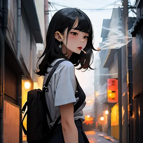 student, uniform, smoking, white shirt, tie, rebel, slim, backpack, a lot of smoke, flat, black skirt, pretty face, beautiful, l...