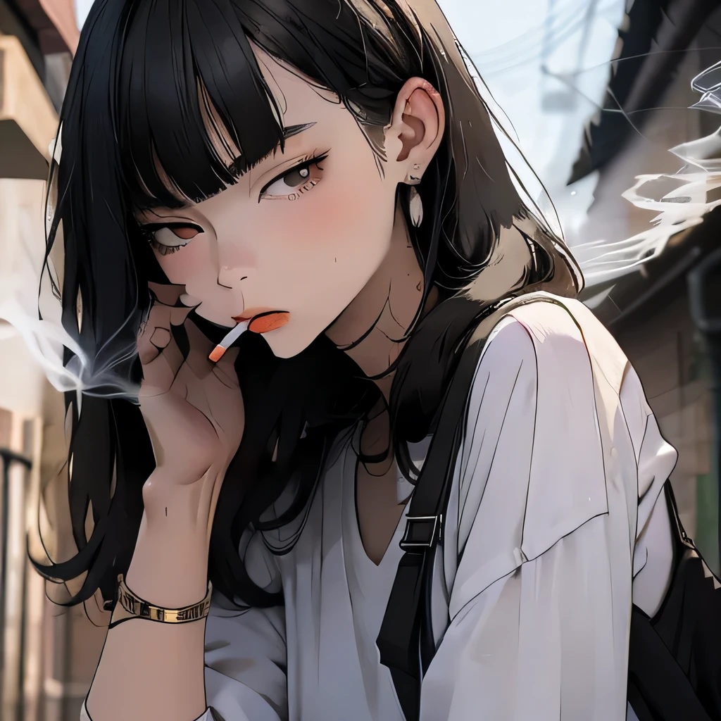 Student, uniform, smoking, white shirt, tie, rebel, slim, backpack, a lot of smoke, flat, black skirt, pretty face, beautiful, long hair, face focus, half closed eyes, relaxed, pale, asian eyes, straight hair, asian, puffy lips, lipgloss, pouty lips