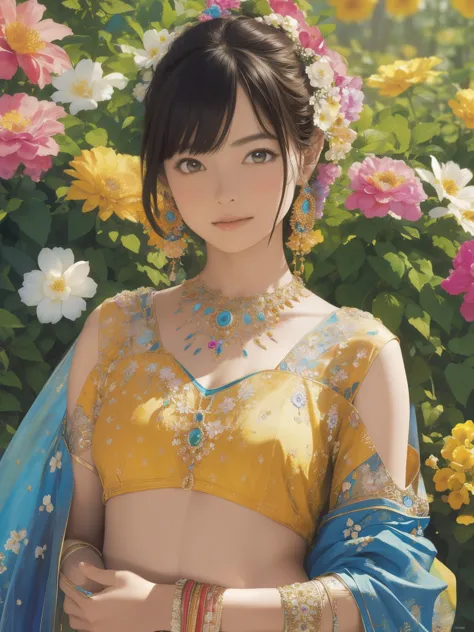 "masterpiece:1.2,High resolution,official artwork,beautiful:1.2,emphasize her upper body.Indian girl surrounded by flowers,very ...