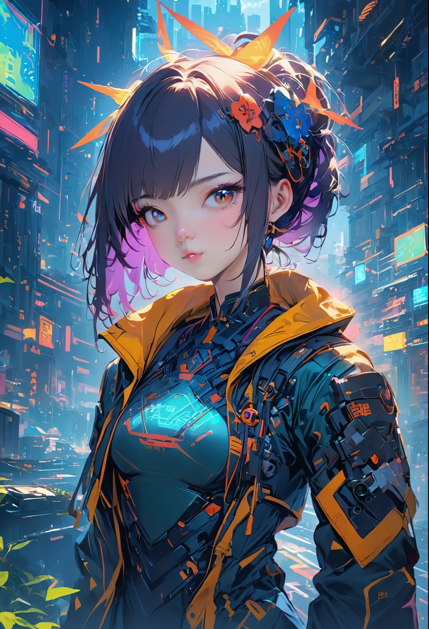 Une fille, tout le corps, traits du visage clairs, Des traits du visage étonnants, Beaux yeux, vêtements chinois, Cyberpunk chinois, Couvre-chef de ville cyberpunk, accessoires pour cheveux, Conception super complexe, armure mécanique, science et technologie, éclairage époustouflant, c4d, Rendu overclocké, lumière de bord cinématographique, Belle lumière, chef-d&#39;œuvre, super détails, travail épique, ultra haute définition, Haute qualité, 32k