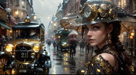 Foreground:

A captivating steampunk woman, her attire a fusion of elegance and functionality. Gears and pistons adorn her outfi...