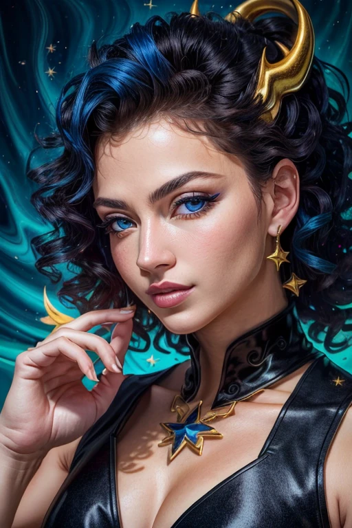 ( absurd , high quality , Super detailed, handle carefully with hands )Zodiac - Sagittarius Goddess , Similar to Latin goodness . Optimistic, Be Fair-minded, funny and intelligent face . recklessness, Ruthless, impatient, overconfident style . dark blue eyes (eye details) , Curly deep blue hair , transparent dress , In the sea with stars , whole body , Nature of fire , Chiron God