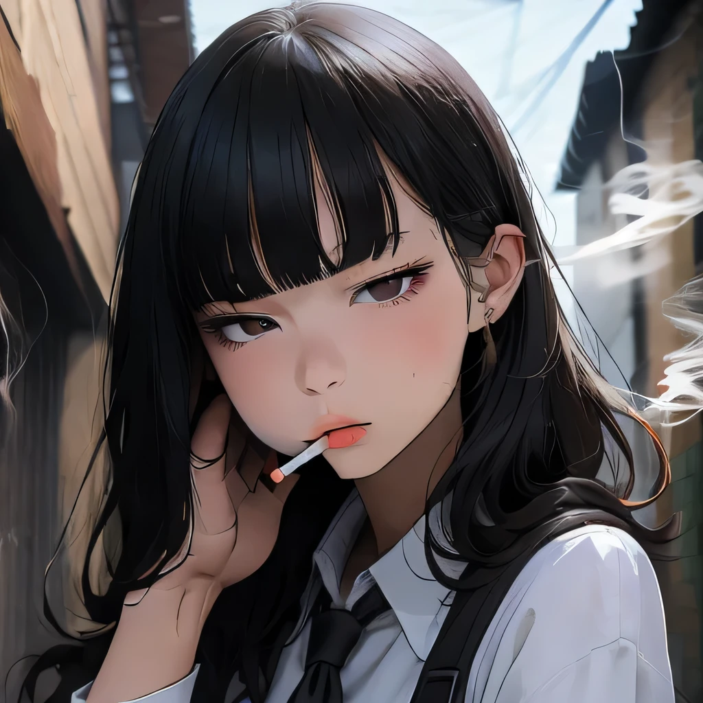 Student, uniform, smoking, white shirt, tie, rebel, slim, backpack, a lot of smoke, flat, black skirt, pretty face, beautiful, long hair, face focus, half closed eyes, relaxed, pale, asian eyes, straight hair, asian, puffy lips, lipgloss, pouty lips