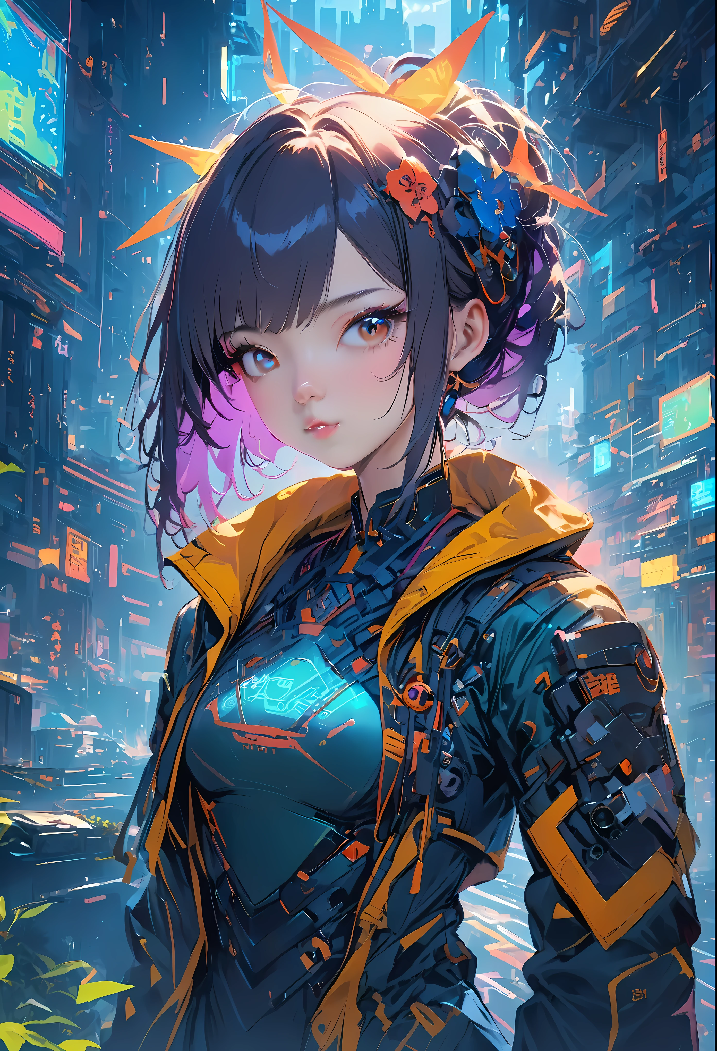 a girl, whole body, clear facial features, amazing facial features, beautiful eyes, Chinese clothing, Chinese cyberpunk, Cyberpunk City Headgear, hair accessories, Super complex design, mechanical armor, science and technology, stunning lighting, C4D, Overclocked rendering, Cinematic edge light, fine light, masterpiece, Super details, epic work, ultra high definition, high quality, 32k