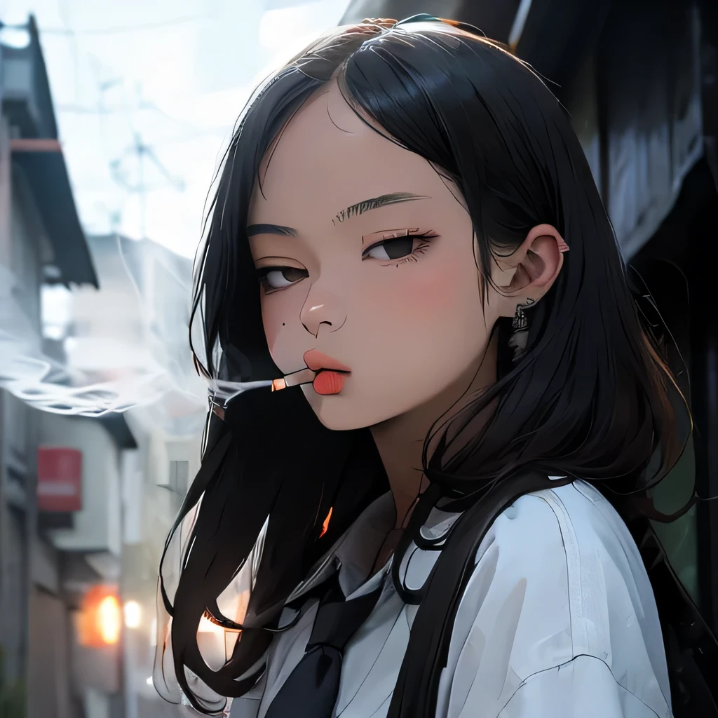 Student, uniform, smoking, white shirt, tie, rebel, slim, backpack, a lot of smoke, flat, black skirt, pretty face, beautiful, long hair, face focus, half closed eyes, relaxed, pale, asian eyes, straight hair, asian, puffy lips, lipgloss, pouty lips