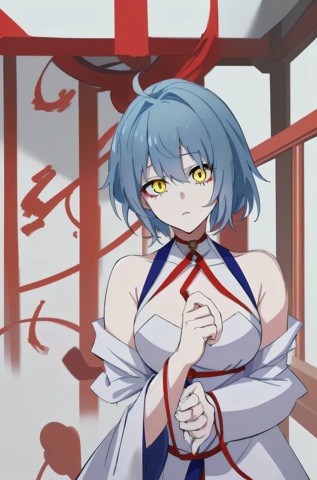 (masterpiece, best quality:1.2), 1girl, solo,blue hair, yellow eyes, taoist robe,white thights, red string, red choker
