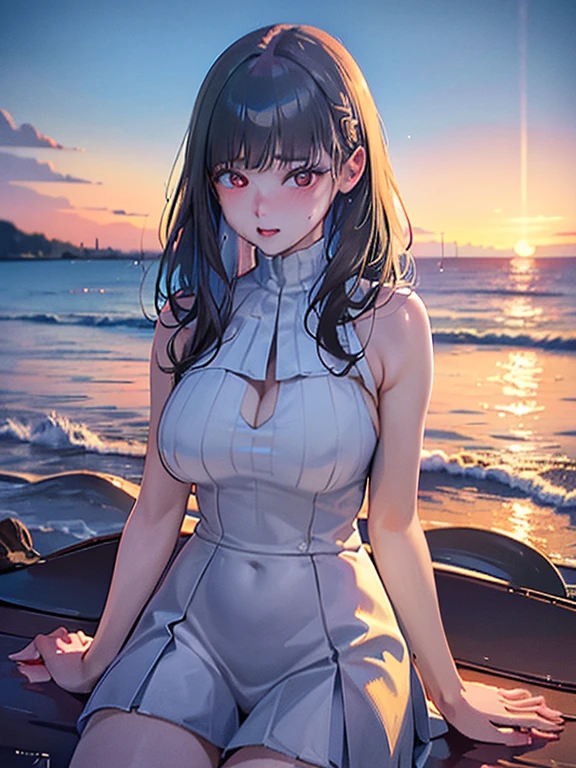 A beautiful sunset over the ocean, soft glowing light, vibrant colors, calm waves crashing on the shore, seagulls flying in the distance, a couple sitting on the beach, holding hands and watching the sunset, sparkling reflections on the water, warm golden tones, a peaceful and serene atmosphere, a breathtaking view. (best quality,4k,8k,highres,masterpiece:1.2),ultra-detailed,(realistic,photorealistic,photo-realistic:1.37),HDR,UHD,studio lighting,ultra-fine painting,sharp focus,physically-based rendering,extreme detail description,professional,vivid colors,bokeh,landscape,photography, Rio Tsukatsuki, Masterpiece, 